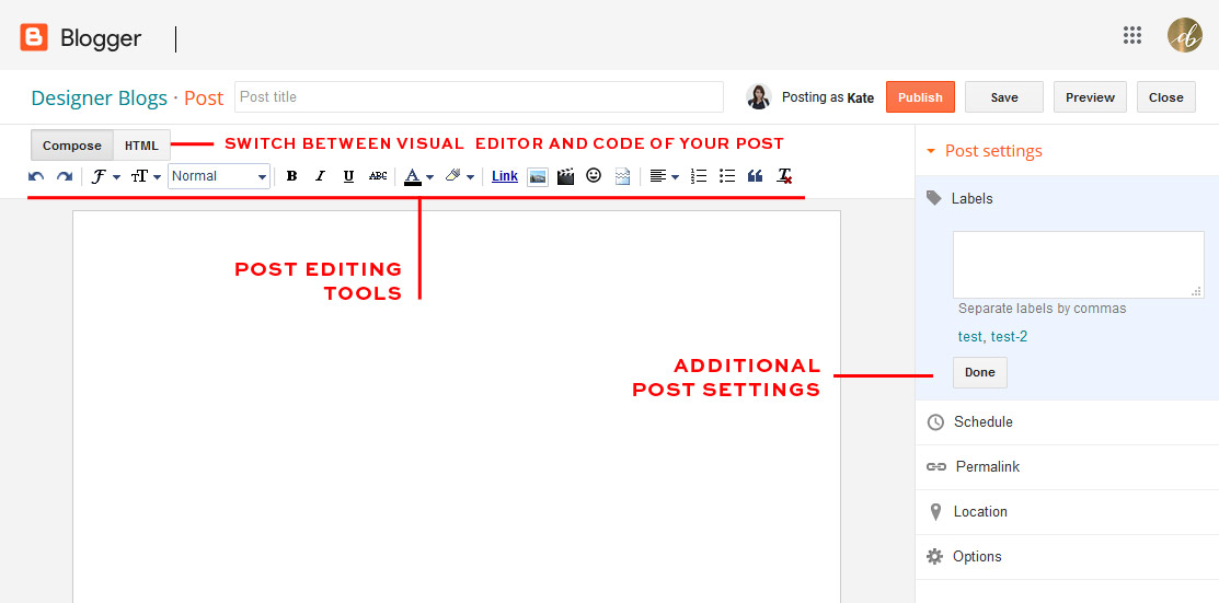 Post editing tools in blogger dashboard