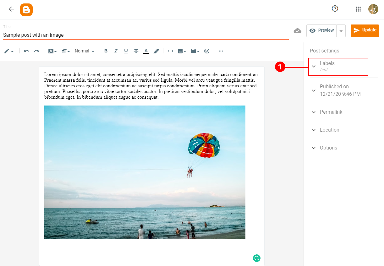 Labels tab in the Blogger Post Settings